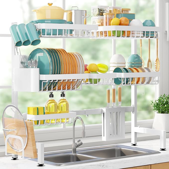 Sakugi Over The Sink Dish Drying Rack - Adjustable 3 Tier XX-Large Capacity Stainless Steel Drainer with Cutlery & Utensil Holders, Kitchen Storage & Organization, 31.5"-39.5"L x 12"W x 30.5"H, White