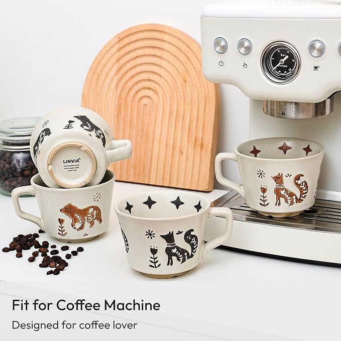 11 oz Ceramic Coffee Mug, Stoneware Teacup with Handle | Small Novelty Unique Cup for Tea Mocha Latte Cappuccino, Microwave Dishwasher Safe (Set of 4, Fox and Bear)