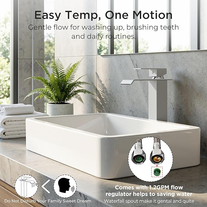 FORIOUS Vessel Bathroom Sink Faucets 1 Hole Brushed Nickel, Tall Waterfall Bathroom Faucet Single Handle with Pop Up Drain and Supply Lines, Deck Mount