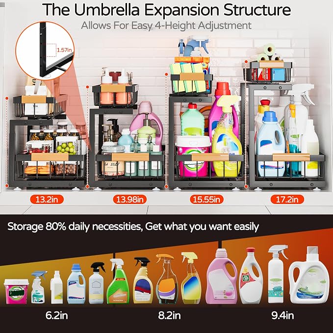 ADBIU Under Sink Organizer, 2 Pack 2 Tier Expandable Height (13.2" - 17.2") Pull out Kitchen Bathroom Cabinet Organizers and Storage Shelf