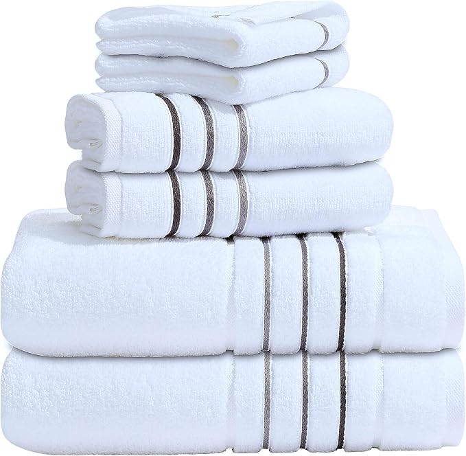 Bath Towels Set for Bathroom – Luxury 6-Piece Cotton Towels, Soft Absorbent & Quick Dry, 600 GSM Bath Towels for Bathroom, Hotel Spa Quality (White/Charcoal, 6- Bath Towel Set)