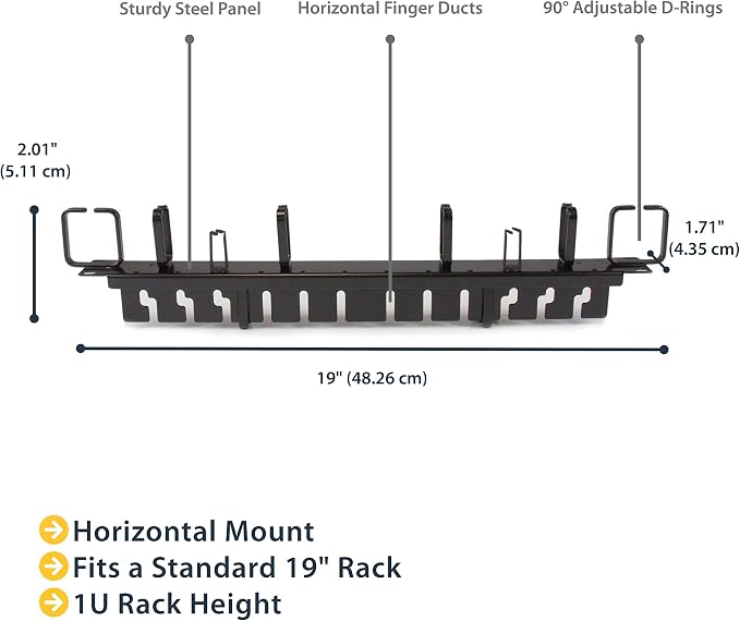 StarTech.com 1U 19" Horizontal Server Rack Cable Management Panel - Network & Data Wire Organizer with Finger Ducts & Vertical/ Horizontal D-Ring Hooks (CMPNL1UC)