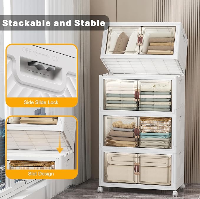 Stackable Storage Bins, 448QT Collapsible Drawers with Lid & Wheels | Large Capacity, Magnetic Door, Stack Lock, Rolling Casters, Foldable Design, Organizers and Storage for Bedroom Dorm Garage