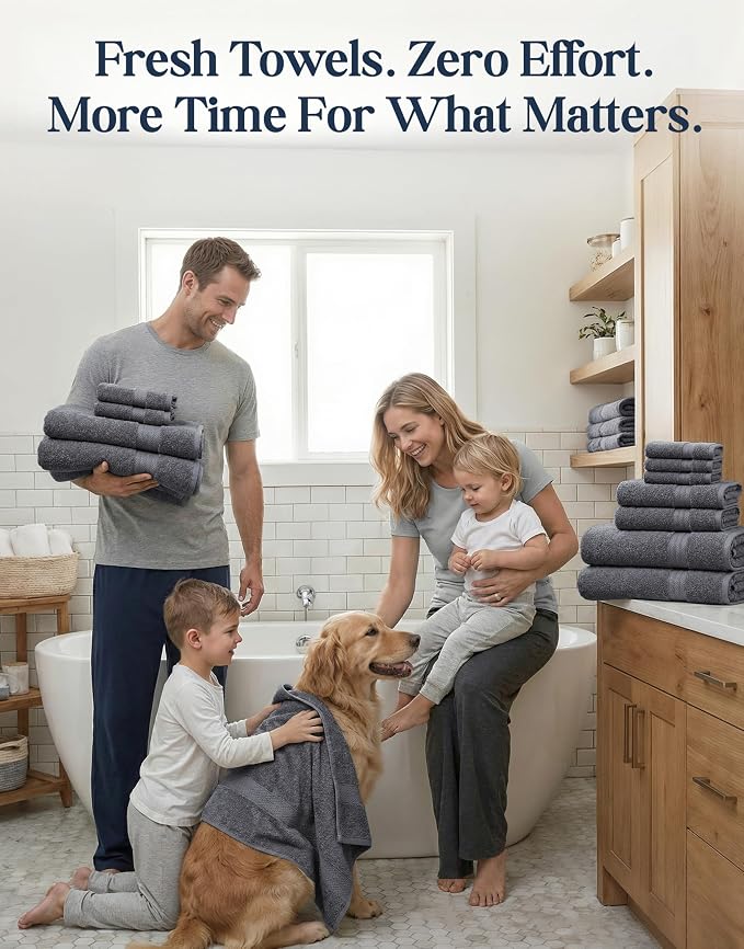 LANE LINEN 100% Cotton Bath Towels Set - 24 PCs - Durable, Quick Dry, Super Soft & Highly Absorbent - 4 Bath, 4 Fingertip, 6 Hand Towels, 8 Washcloths, 2 Bath Sheets - Perfect Family Set - Cool Grey | Towels And Washcloths Sets - Oversized & Roomy, Lig...