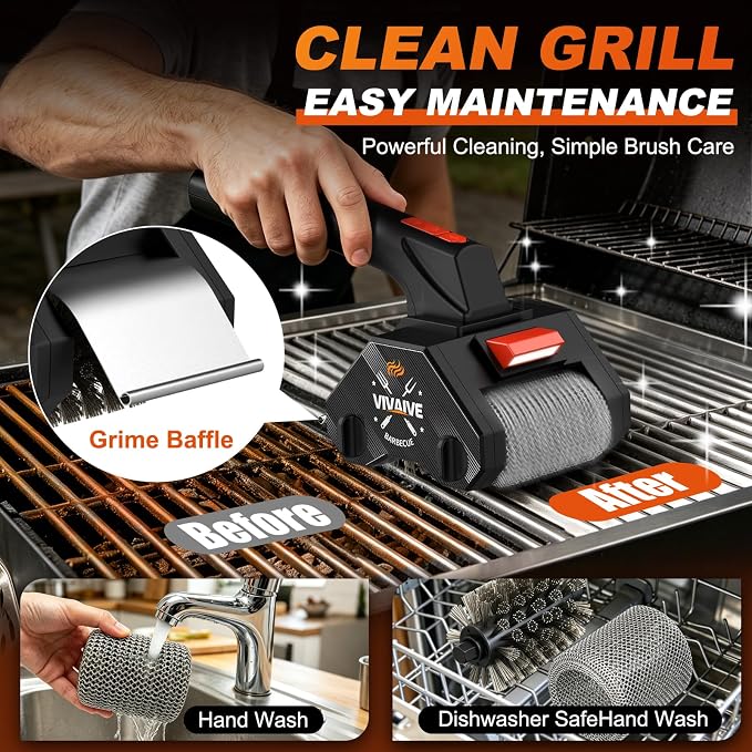 Electric Grill Brush - Dual-Head Cordless Rechargeable BBQ Cleaner with 304 Stainless Steel Chain Roller & Wire Brush | 320 RPM Power Rotary BBQ Scrubber for All Grates