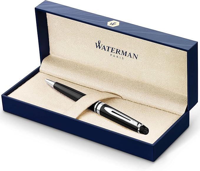 Waterman Expert Ballpoint Pen, Gloss Black with Chrome Trim, Medium Tip, Blue Ink, Luxury Pen in Gift Box - Supreme Writing Comfort, Signature Style, Polished, Professional