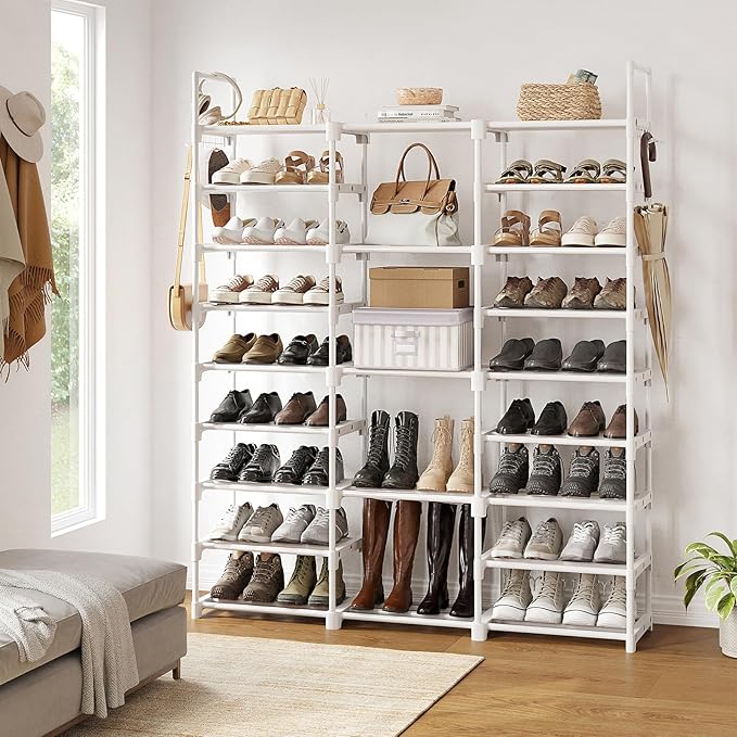 WOWLIVE 9 Tiers Large Shoe Rack White Shoe Rack Organizer for Closet 50-55 Pairs Stackable Heavy Duty Shoe Shelf Shoe Storage with Metal Pipes Plastic Connectors