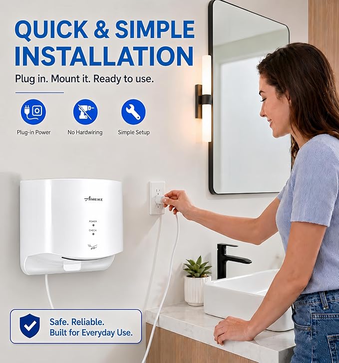 Automatic Commercial Hand Dryer, 110V 1300W High Speed Wall Mounted Hand Dryer for Bathroom, 7-10s Drying, 100m/s Air Speed, 72dB, Plug-in or Hardwired, White