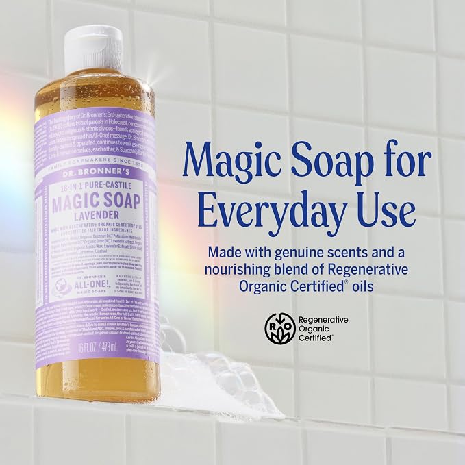 Dr. Bronner's Magic Soap - Pure-Castile Liquid Soap (Lavender, 32 ounce, 2-Pack) -Regenerative Organic Certified Oils, 18-in-1 Uses: Body, Hair, Laundry, Pets & Dishes, Concentrated, Vegan, Non-GMO