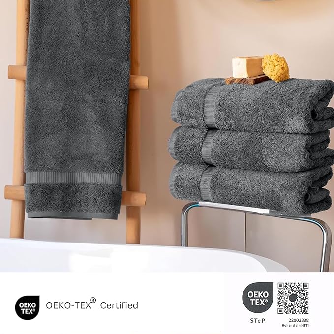 SALBAKOS 4-Piece 100% Turkish Cotton Bath Towels, 27x54 inch, Gray | Standard Size, 630 Gsm Thick Super Soft Highly Absorbent Quick-Dry Bathroom Towel, Premium Hotel & Spa Quality Made in Turkey