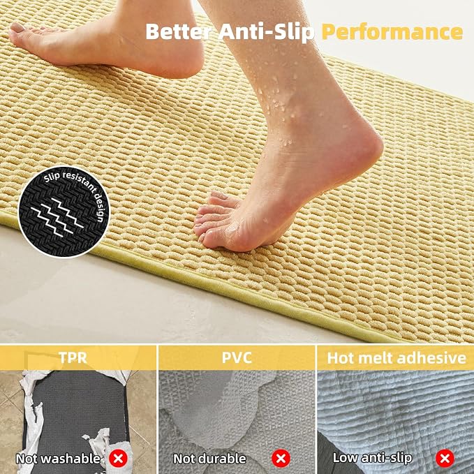 TYUU Bathroom Rugs Non Slip Washable, Super Absorbent Thin Bath Mat Quick Dry Low Pile Bathroom Rug, Yellow 24"x47"