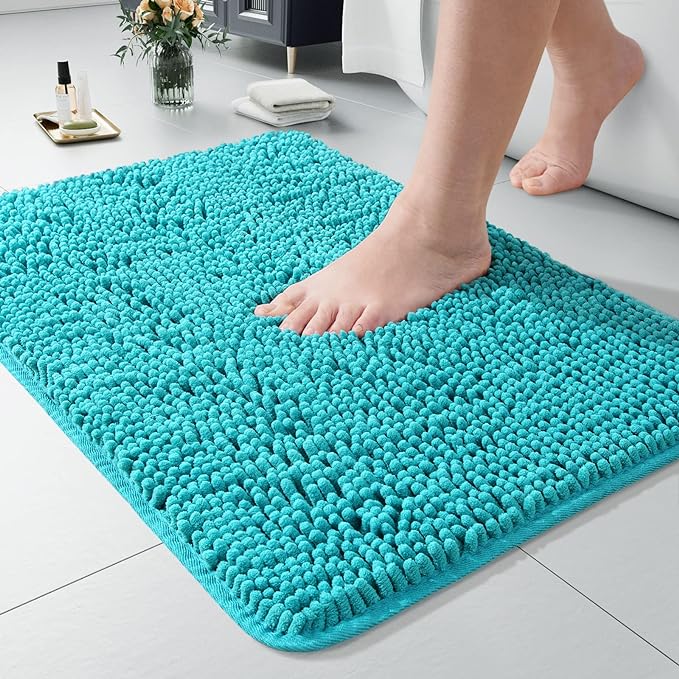 LOCHAS Luxury Bathroom Rug Shaggy Bath Mat 24 x 36 Inch, Teal Blue | Washable Non Slip Bath Rugs for Bathroom Shower, Soft Plush Chenille Absorbent Carpets