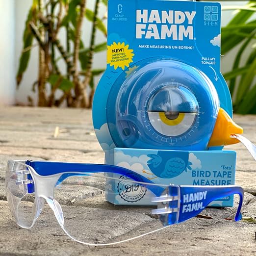 Handy Famm Kids Tape Measure & Safety Glasses Bundle – 2 8ft Bird Measuring Tape for Children, STEM DIY Learning Tool with 2 Safety Goggles, Ages 3+
