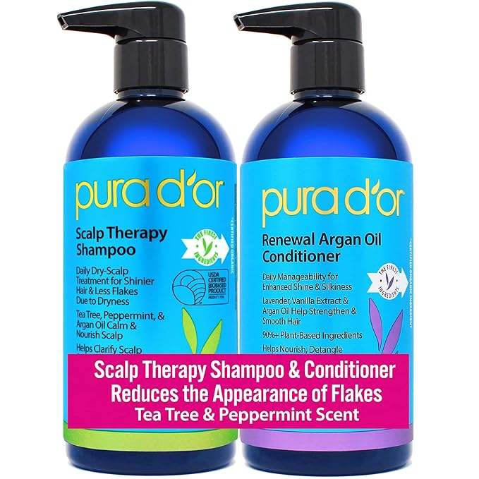 PURA D'OR Scalp Therapy Shampoo & Conditioner Set (16oz x 2) Dry, Itchy Scalp-Hydrates & Nourishes Hair w/Tea Tree, Peppermint, Argan Oil & Biotin, All Hair Type, Men Women (Packaging Varies)