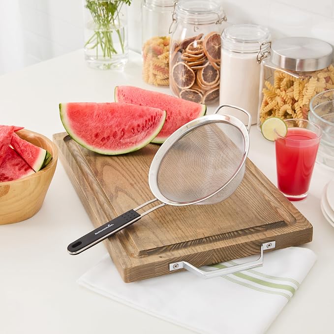 Restaurantware Fine Mesh Strainer 1 Count 14.4" x 7" x 2.9" with Silicone Handle Stainless Steel Extra Fine Mesh Strainer Heat-Resistant Handle Dishwasher-Safe for Rice, Quinoa, Pasta