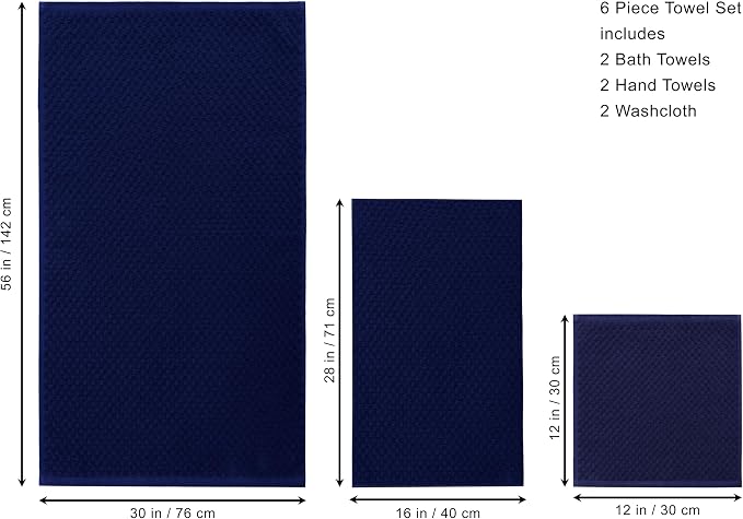 COTTON CRAFT Euro Spa Waffle Weave 6 Piece Towel Set - 100% Cotton - Navy | 2 Oversized Luxurious Large Bath Towels, 2 Hand Towels, 2 Washcloths - Soft Plush Super Absorbent Low Lint Quick Dry