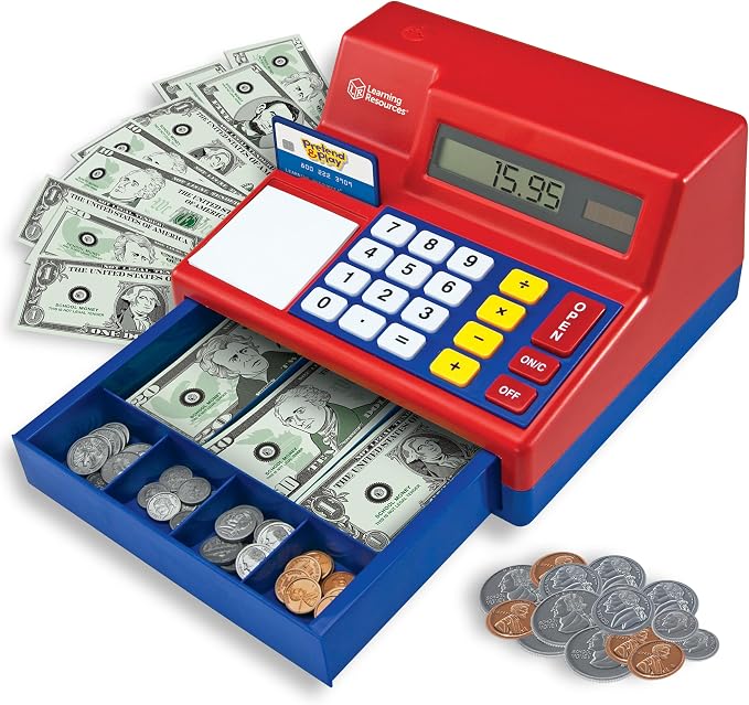 Learning Resources Pretend & Play Calculator Register Toy - Kids Play Set & Credit Card Toy, Register for Kids, Pretend Grocery Store Shopping Playset for Toddlers, Teaching Math Set