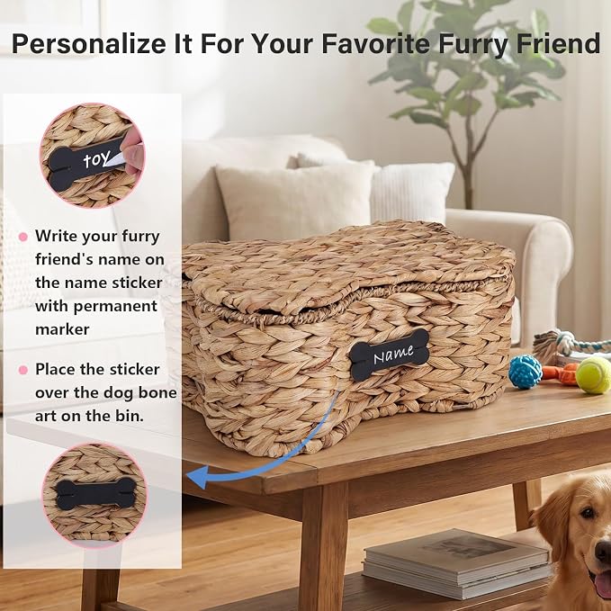 Dog Toy Basket with Lid, Bone Shape Wicker Pet Toy Storage Bin, Handmade Water Hyacinth Dog Organizer with Name Label, Dog Cat Toy Basket Holder Box for Living Room, Leashes, Balls, Blankets