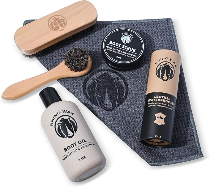 Leather Boot Care Kit - Made in USA (Not China) - Boot Oil, Waterproofer, Cleaning Scrub for Boots (Like Saddle Soap), Brushes and Cloth - Do NOT use Mink Oil (Love Animals) - All Natural Ingredients