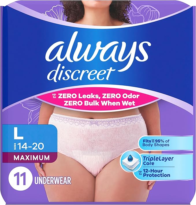 Always Discreet Reimagined Adult Diapers for Women, Maximum Absorbency Incontinence and Postpartum Underwear Size L, Up to 100% Leak Free Bladder Leak Protection, 11 Count