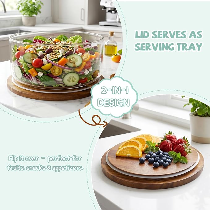 Jolitac 197oz Glass Trifle Bowl with Lid, Clear, 10 inch | Extra Large, Acacia Wood Airtight Lid, Thickened & BPA-Free, Modern Design, For Dessert Fruit Party Display