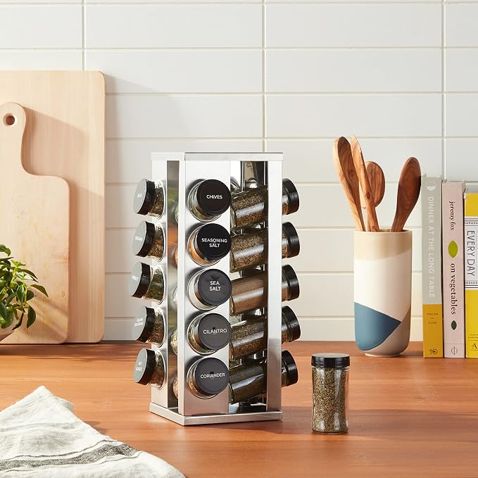 Kamenstein 20 Jar Heritage Revolving Countertop Spice Rack Organizer with Spices Included, FREE Spice Refills for 5 years, Brushed Stainless Steel with Black Caps (Pack of 3)