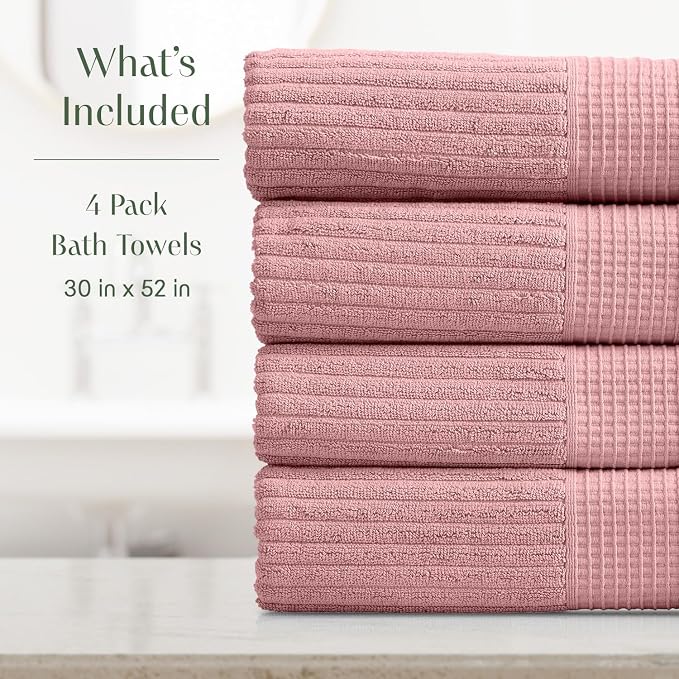 Springtree Home 100% Cotton Bath Towel Set | 4-Pack | Textured | Rose | Absorbent & Quick-Dry Bathroom Towels | Textured and Durable Cotton Towels for Bathroom | OEKO-TEX | Krista Collection