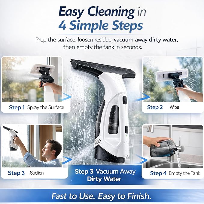 Window Vacuum Squeegee Cordless, Electric Window Cleaner Tool with 2000Pa Suction, 2200mAh Rechargeable Battery, 150mL Detachable Tank, 11-Inch Blade for Windows, Shower Doors, Mirrors