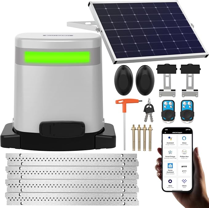 Blütezeit 1400lb Sliding Gate Opener, Solar Power | WiFi Control | Built-in Battery Backup, Rack Driven Automatic Slide Gate Motor with Remote Complete Kits (20W Solar Panel & Racks Incl.)