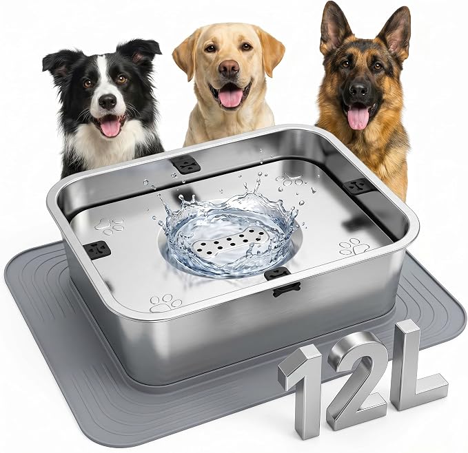 12L/3.17Gal No Spill Dog Water Bowl, Non-Slip Mat for Large Dogs | Spill Proof Water Bowl with 304 Stainless Steel Floating Disk, Slow Drinking Pet Bowl for Messy Drinkers, Indoor/Outdoor