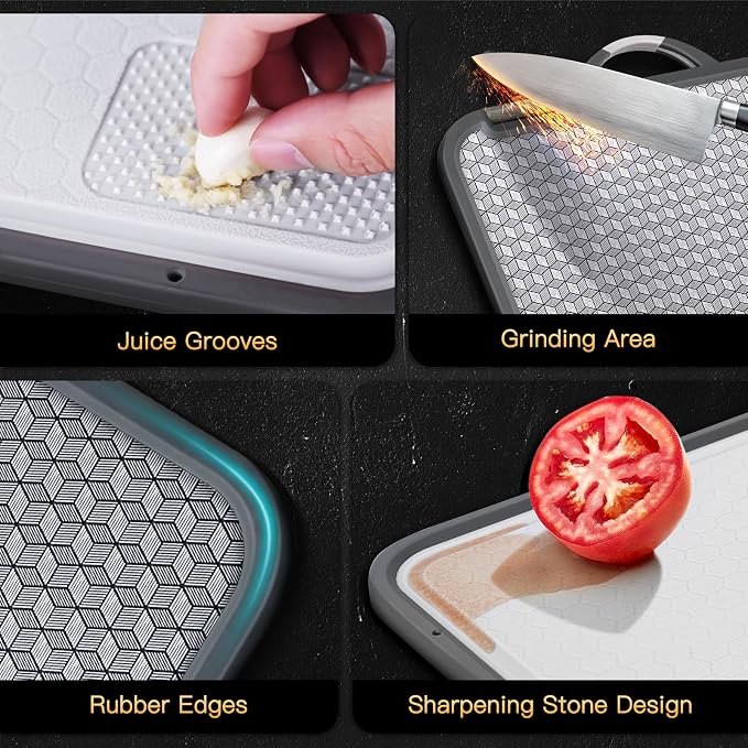 Large Stainless Steel Cutting Board, 16 Inch Double Sided Chopping Board for Kitchen, Non Toxic, Scratch-resistant Mesh Design, Juice Groove, Dishwasher Safe, 304 Stainless Steel and Wheat Straw PP