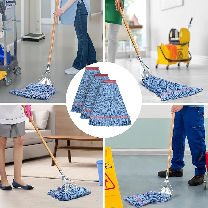 Matthew Cleaning 24oz Heavy Duty Mop Head Commercial Replacement for General and Floor Cleaning , Wet Industrial Blue Cotton Looped End String Head Refill (Case of 12) Blue