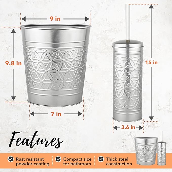 Autumn Alley Brushed Nickel Bathroom Trash Can and Toilet Brush Set – 2-Piece Silver Metal Bathroom Accessories Set, Modern Farmhouse & Transitional Bathroom Decor