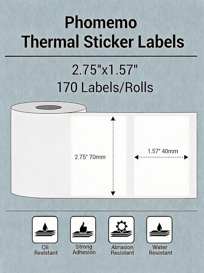 Phomemo Thermal Sticker Labels- 2.75"x1.57"(70x40mm) Thermal Label for M221/M220/M250/M260, for Barcode/Address/Mailing/Logo/Business/Home Tag, Black on White