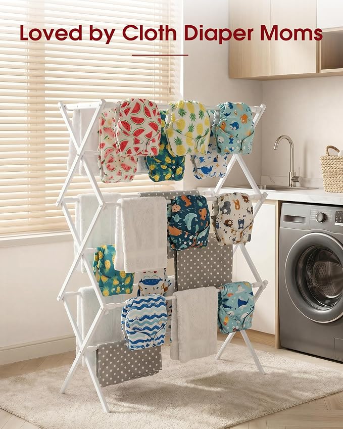 Sakugi Foldable 3-Tier Clothes Drying Rack 37.4" H with Non-Slip Feet | Indoor & Outdoor Use, Space Saving, Metal Frame, 11.4" D x 29.1" W, White