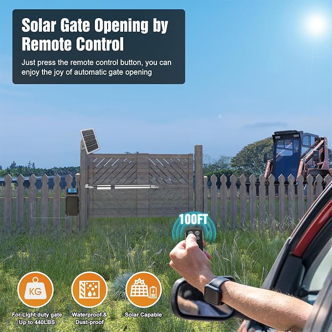 JUJIANG C01 Solar Gate Opener with Batteries & Solar Panel for Single Swing Gates Up to 440lb 12FT Automatic Gate Openers with Remote Complete Kit Light Duty Automatic Gate Openers Solar Powered