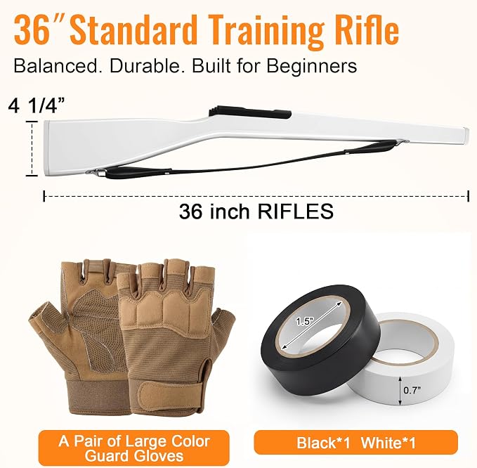 36" Color Guard Rifle, Wooden Drill Rifle for Winter Guard, Tan Gloves | Glossy Finish, Black Leather Strap, 1.5-2 lbs Balanced, Foam Padded Ends, Includes Tan Gloves & 2 Tapes