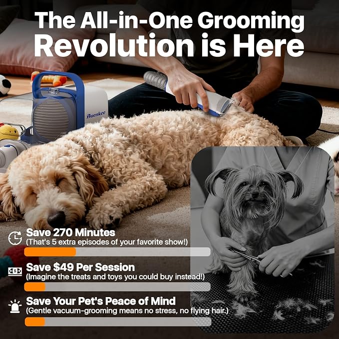 buenkee Dog Grooming Kit with Vacuum, 15000Pa Pet Hair Clipper and Shedding Brush, 2L Capacity, White
