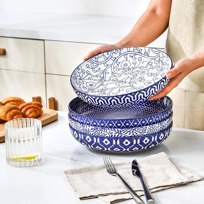 Selamica 9.6" Pasta Bowls Set of 4, 51 OZ Large Salad Bowls, Ceramic Wide and Shallow Serving Bowls for Soup, Dinner, Microwave & Dishwasher Safe, Vintage Blue
