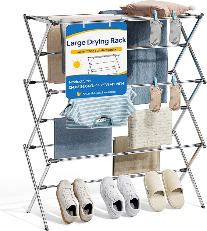 APEXCHASER Large Stainless Steel Clothes-Drying-Rack, Expandable Adjustable Width 24.76-35.51 Inch, 45.28" Height Space Saving Foldable Laundry Rack, Indoor Outdoor for Clothes Towels Shoes, Silver