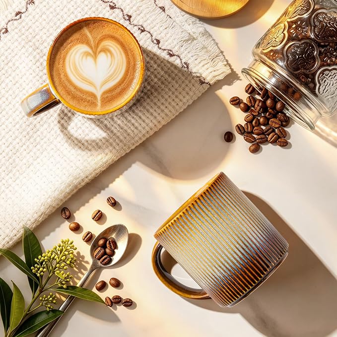 theterra Ceramic Coffee Mugs Set of 6, 14.2oz Handmade Coffee Cups with Handle for Latte, Tea, Milk, Beer, Hot Cocoa, Dusk Blue