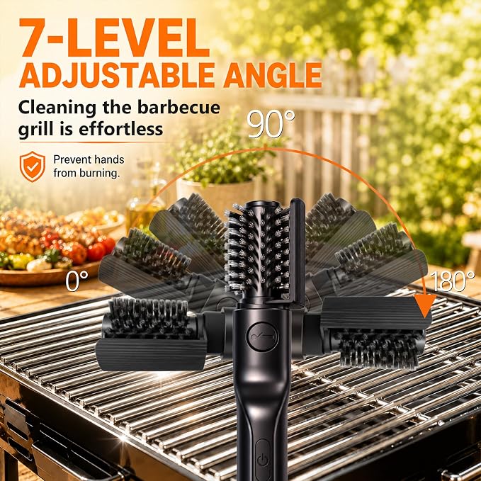 Electric Grill Brush - 24kg Torque High Power Electric Grill Cleaner - 200 Min Runtime - 7-Level Adjustable Angle - Shed - Free Reinforced Bristles Safe for Grill Brush for Outdoor Grill