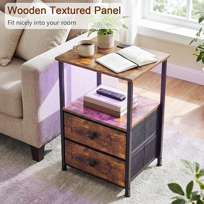 Nightstands Set of 2, LED Night Stand with Charging Station | Bedside Table with Type-C Outlets & 2 Fabric Drawers, End Tables with Storage Shelf for Bedroom, Small Spaces, Rustic Brown