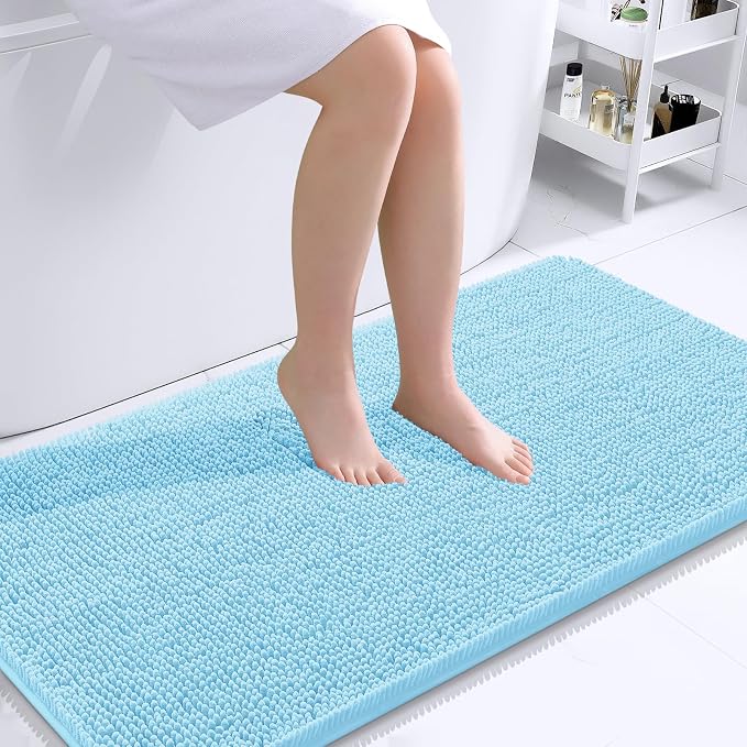 OLANLY Large Bathroom Rugs 40x24, Extra Soft Absorbent Chenille Bath Rugs, Rubber Backing Quick Dry, Machine Washable Bath Mats for Bathroom Floor, Tub and Shower, Home Decor Accessories, Sky Blue