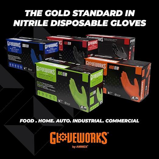 GLOVEWORKS 8 Mil Orange Nitrile Disposable Gloves Heavy Duty Industrial RDT for Mechanic and Automotive, XL Box of 100