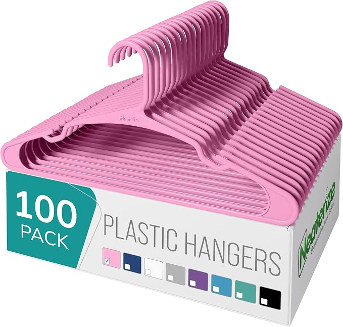 NEATERIZE Clothes Hangers Plastic 100 Pack for Adults - Plastic Hangers, The Perfect Coat Hanger and Space Saving Clothes Hangers for Closet - Pink Hangers