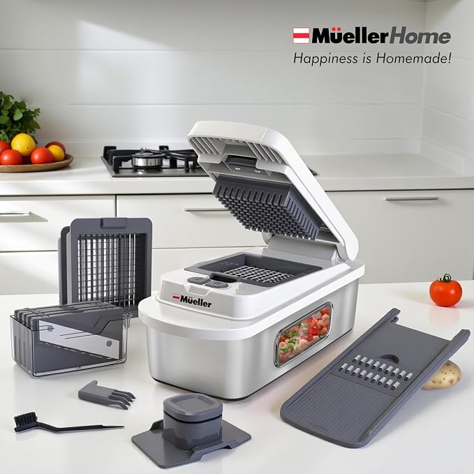 MUELLER HOME Pro-Series 10-in-1, 8 Blade Stainless Steel Multi Vegetable Chopper And Mandoline Slicer, Kitchen Accessories and Essentials, Food and Veggie Chopper, Mincer, Dicer, White Sand/Grey