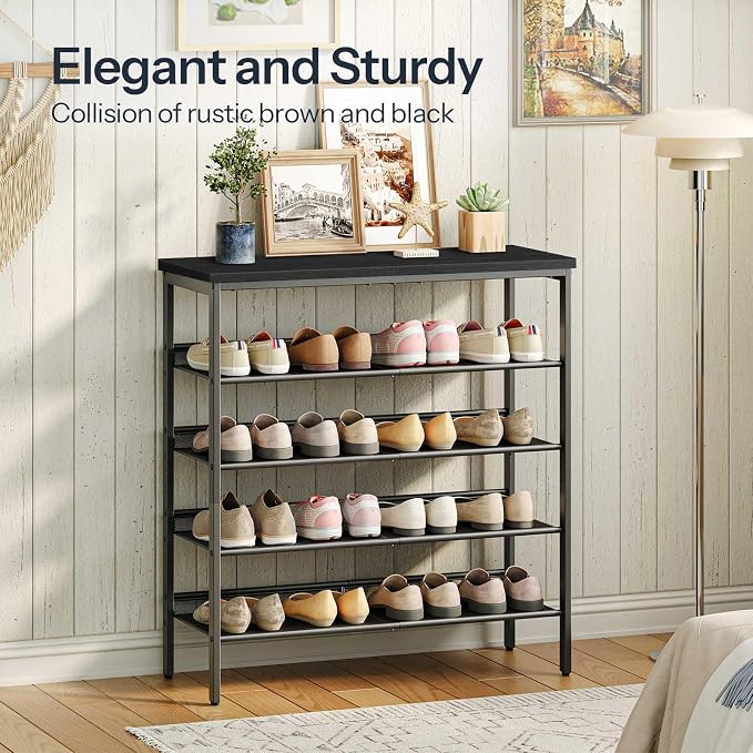 HOOBRO Shoe Rack for Entryway, 5-Tier Shoe Organizer with Adjustable Mesh Shelves, 12-16 Pairs of Shoes, Spacious Floor Mount, Metal, Industrial, Shoe Shelf for Closet, Black BB12XJ01