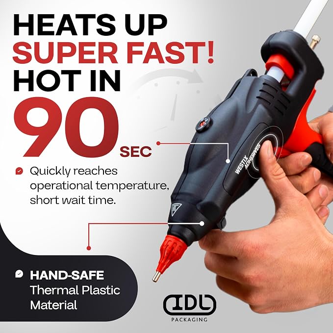 IDL Packaging GG-5810 Industrial 450W Hot Glue Gun with 10 pcs Glue Sticks - 5/8" x 10" Full-Size Glue Sticks - Hot Glue Gun Kit for All Surfaces, Wood, Metal, Plastic, Glass, Tile, Cardboard
