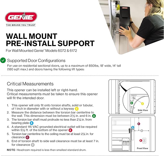 Genie 6072H-O Residential Wall Mounted Garage Door Opener, Black | Ultra-Quiet, Space Saving Compact Design, Wireless Wall Console, 1 Remote, for Residential Garage Doors up to 14ft tall